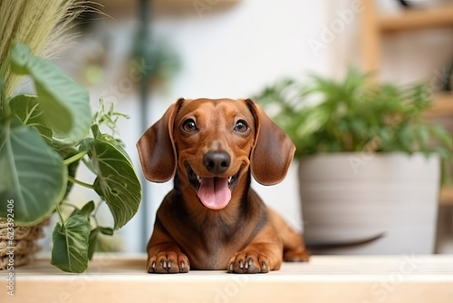 Happy dachshund dog with  sticking out the tongue in the scandinavian interior © reddish