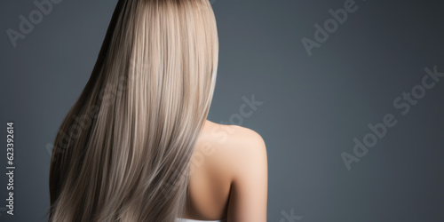 woman with a stright long healthy blond hair. rear view. banner with copy space. generative AI