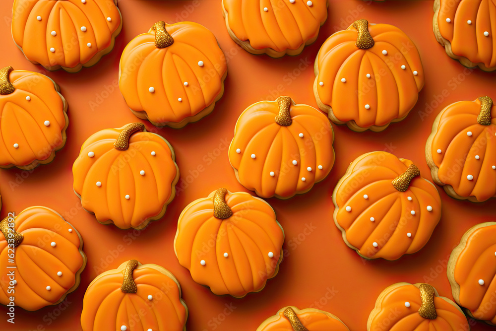 Pumpkin-shaped sugar cookies with orange icing, autumn cookies Pumpkin-shaped sugar cookies with orange icing, autumn cookies