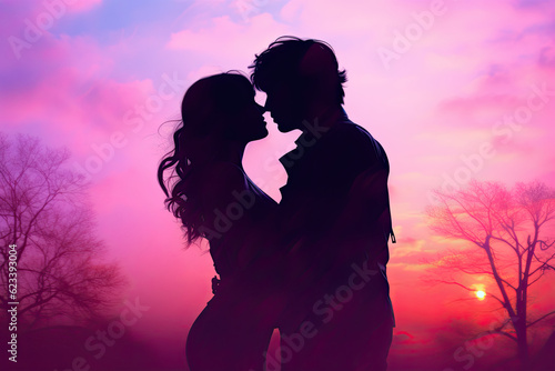 Silhouette of a couple sharing a kiss against a colourful sunset photo