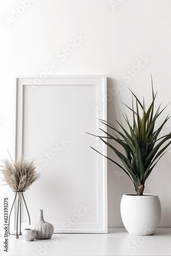 Empty frame mockup in modern minimalist interior with tropical plant, Generative AI © Andrii Fanta