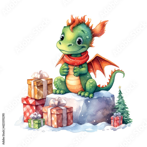 Dragon gifts christmas watercolor in cartoon style. Vintage decorative element. Holiday greeting card design. Happy new year. New year symbol.
