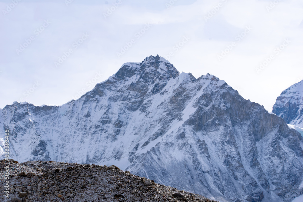 View of majestic snow covered himalayan range from everest base camp trek in nepal. Few of them are world's highest mountains. Glaciers and icy himalaya and ice wall seen at summit during ebc trek.