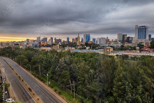 The sun rises of the city of Nairobi, Kenya