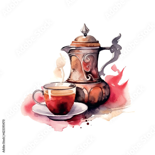 Retro watercolor illustration with turkish coffee watercolor. Istanbul, turkey.