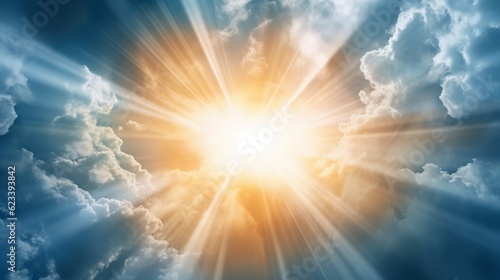 Sun light rays or beams bursting from the clouds on a blue sky. Spiritual religious background Generative AI