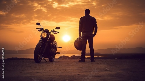 Biker male and Motorcycle at sunset - Copy space Generative AI © Suleyman