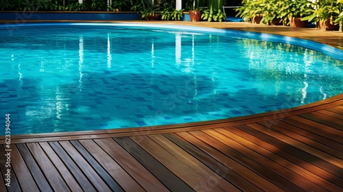 blue swimming pool with teak wood flooring Generative AI