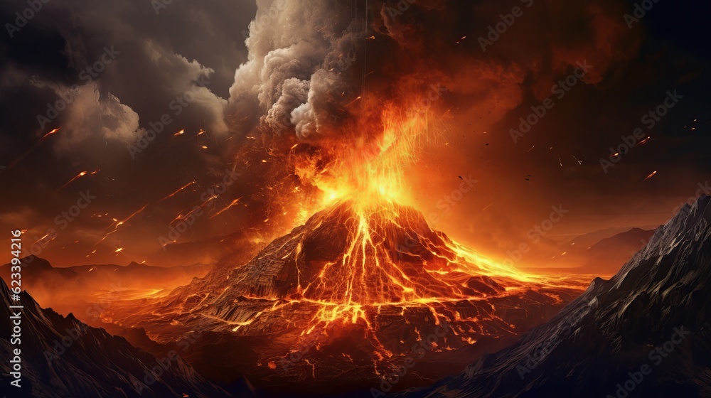 eruption of the volcano with molten lava Generative AI