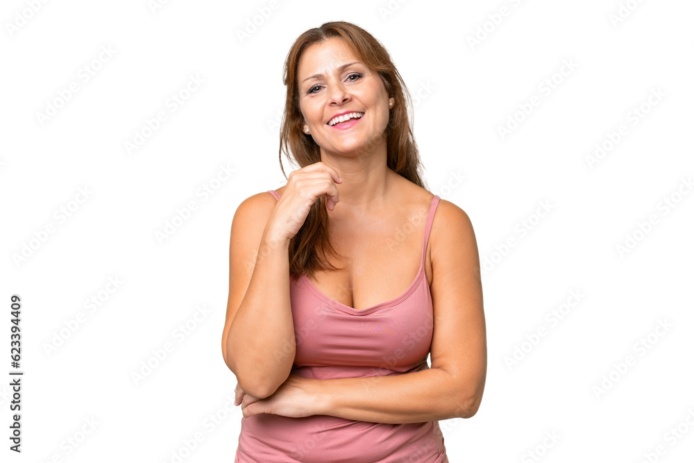 Middle-aged caucasian woman over isolated background laughing Middle-aged caucasian woman over isolated background laughing