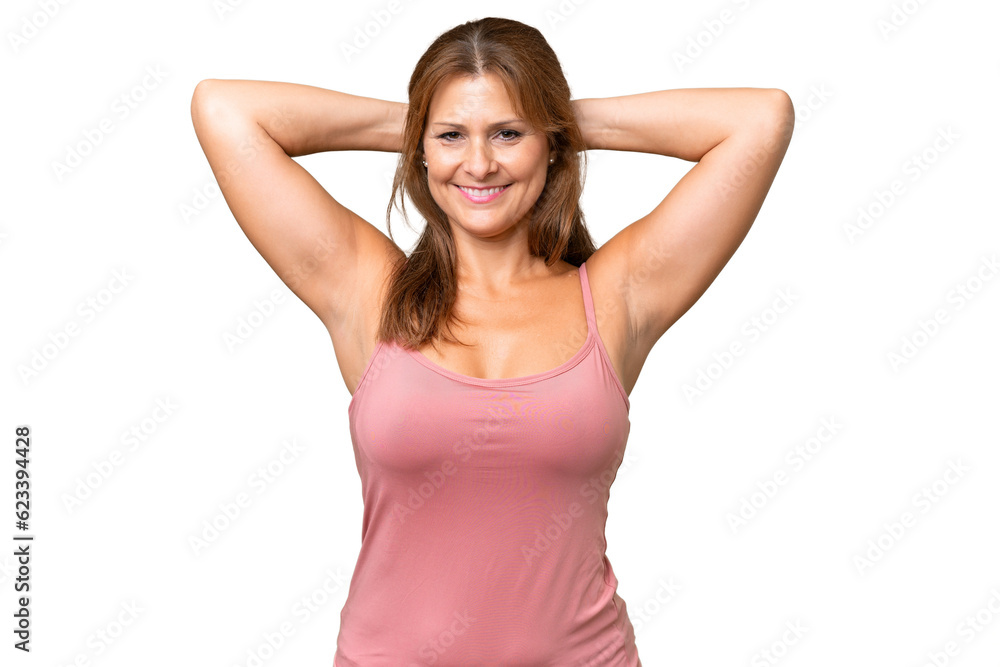 Middle-aged caucasian woman over isolated background laughing Middle-aged caucasian woman over isolated background laughing