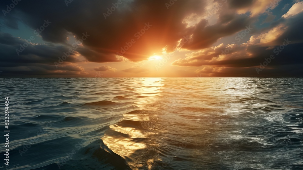 Rays of light after rain storm, seascape with sun reflections on water surface Generative AI