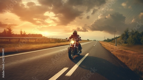 Motorcycle driver riding alone on asphalt motorway Generative AI