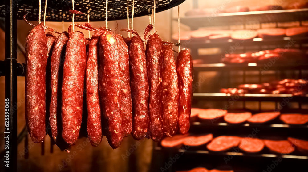 Racks of smoked spicy sausages hanging in the smokehouse. Meat