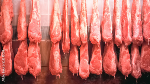 Close up of a half cow chunks fresh hung and arranged in a row meat industry. 