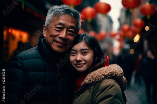 Portrait of an asian father and daughter in chinese street