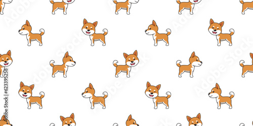 Vector cartoon cute shiba inu dog seamless pattern background for design.
