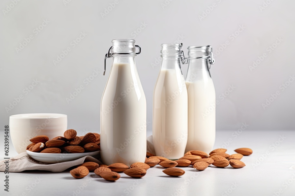 Almond milk in glass bottles with almond nuts on the table, white background. Almond milk in glass bottles with almond nuts on the table, white background.