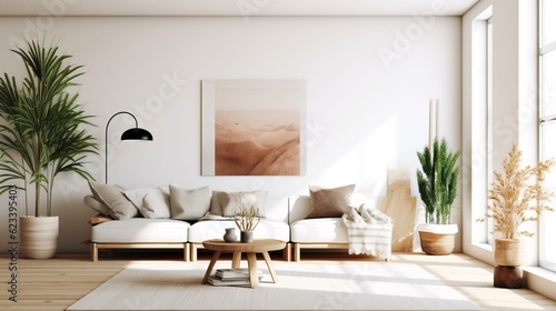 Modern Minimal clean clear contemporary living room home interior design daylight background beige white sofa couch in living room daylight from window freshness moment mock up interior generative ai