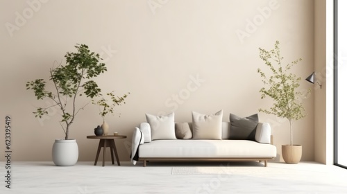 Modern Minimal clean clear contemporary living room home interior design daylight background,beige white sofa couch in living room daylight from window freshness moment mock up interior,generative ai