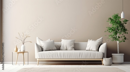 Modern Minimal clean clear contemporary living room home interior design daylight background,beige white sofa couch in living room daylight from window freshness moment mock up interior,generative ai © VERTEX SPACE