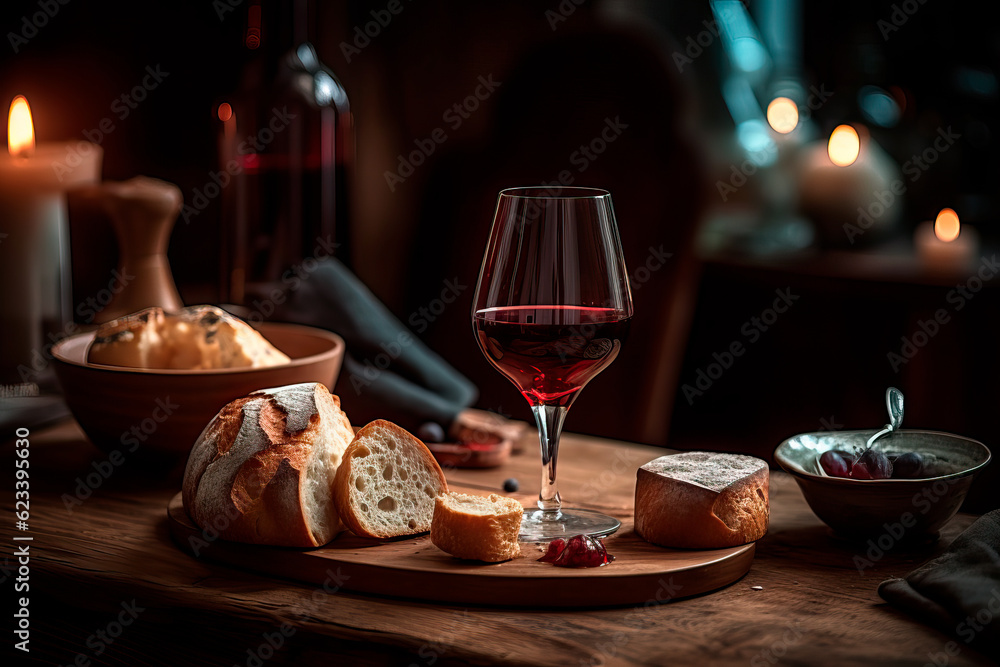 Cheese and wine in rustic ambient