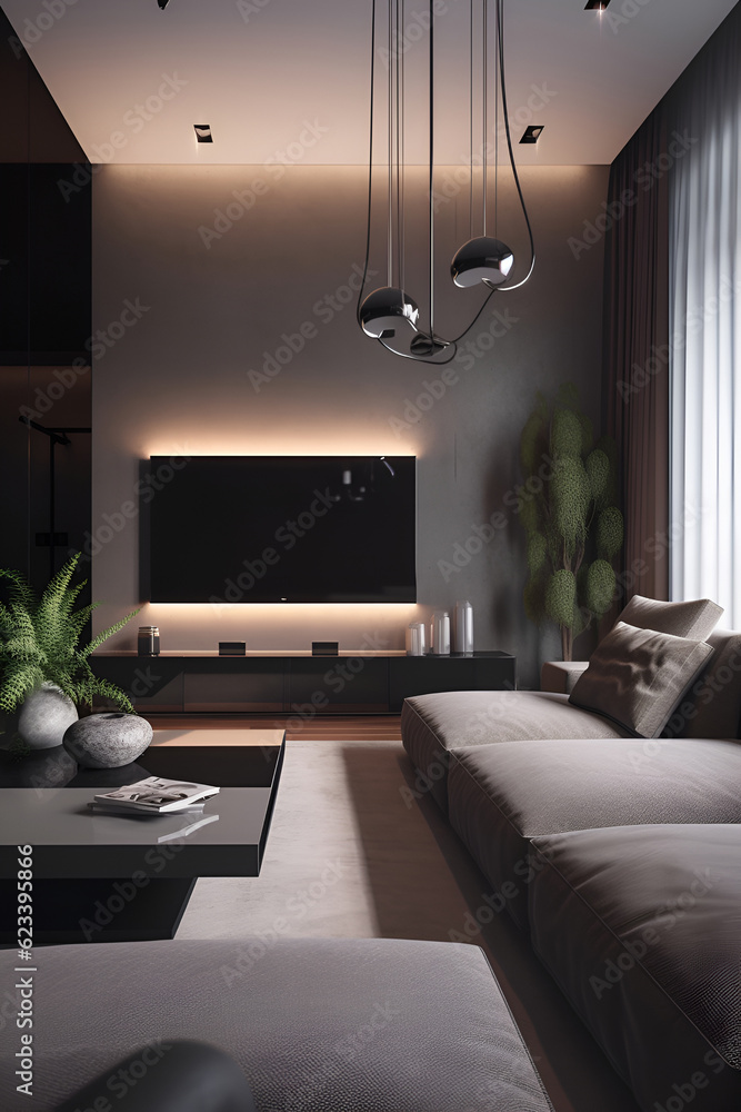 Techno style interior of living room in luxury house Techno style interior of living room in luxury house