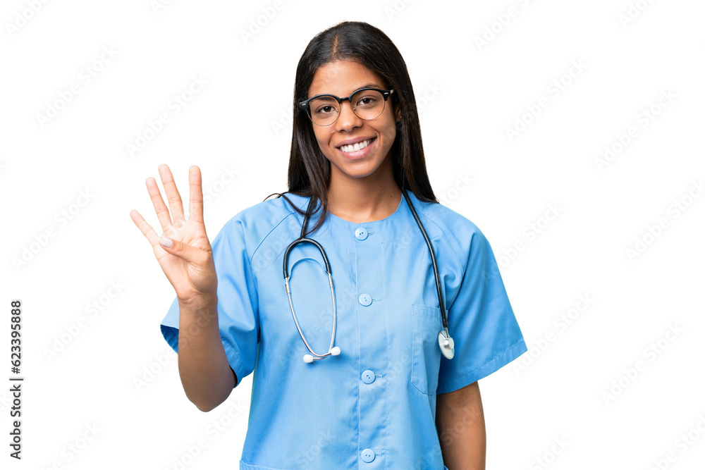 Young African american nurse woman over isolated background happy and counting four with fingers Young African american nurse woman over isolated background happy and counting four with fingers