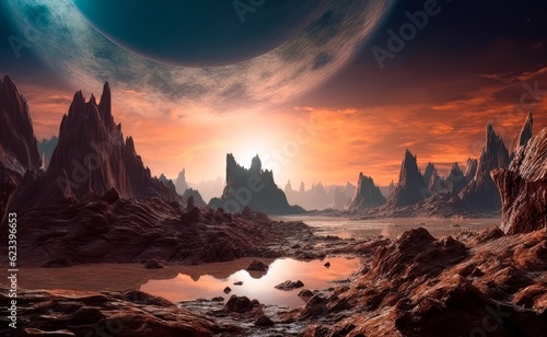 Fantastic landscape of an alien planet with rocks. Alien planet surface illustration for computer game. Generated AI © Anastasiya