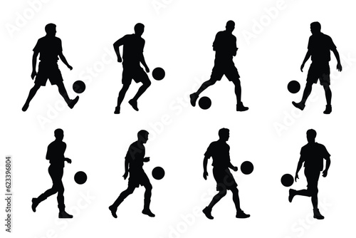 Set of soccer player kicking ball, isolated vector silhouette, footballer logo