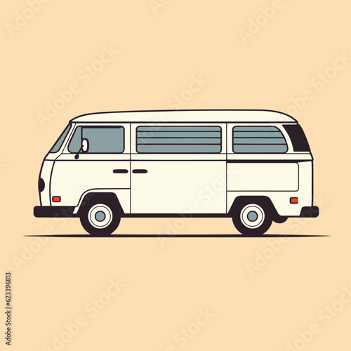 Old style minivan. Side view of retro hippie bus, vehicle and transport banner, road trip, old car from 60s or 70s, traveling by van, Campervan, camping, motorhome. 