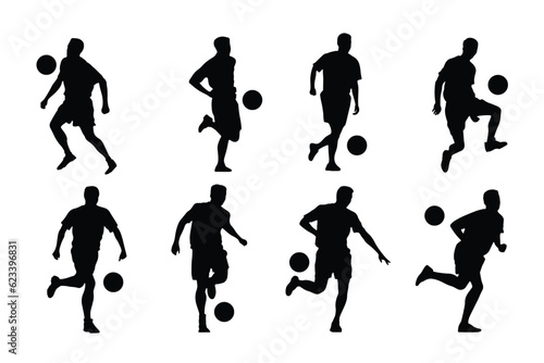 Fototapeta Set of soccer player kicking ball, isolated vector silhouette, footballer logo
