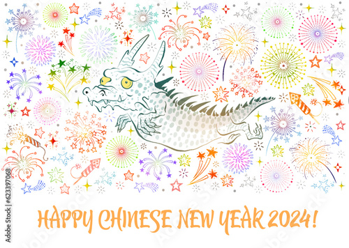 Chinese New Year Greeting card with cute little dragon and fireworks in the sky in doodle style. Vector illustration