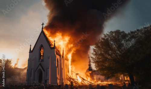 Traditional church on fire.Church with cross burns in flames at dark night. in neighbourhood copy space