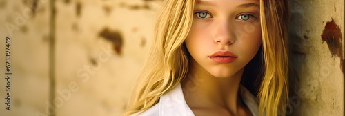 Captivating close-up of a provocative teen girl with blonde hair, intense blue eyes and innocent yet alluring expression. Generative AI