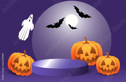 Podium for the presentation of goods on an violet studio background, the concept of Halloween sales, shopping, product advertising