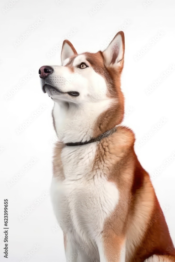 Studio shot of a Siberian Husky, isolated on a white backdrop.