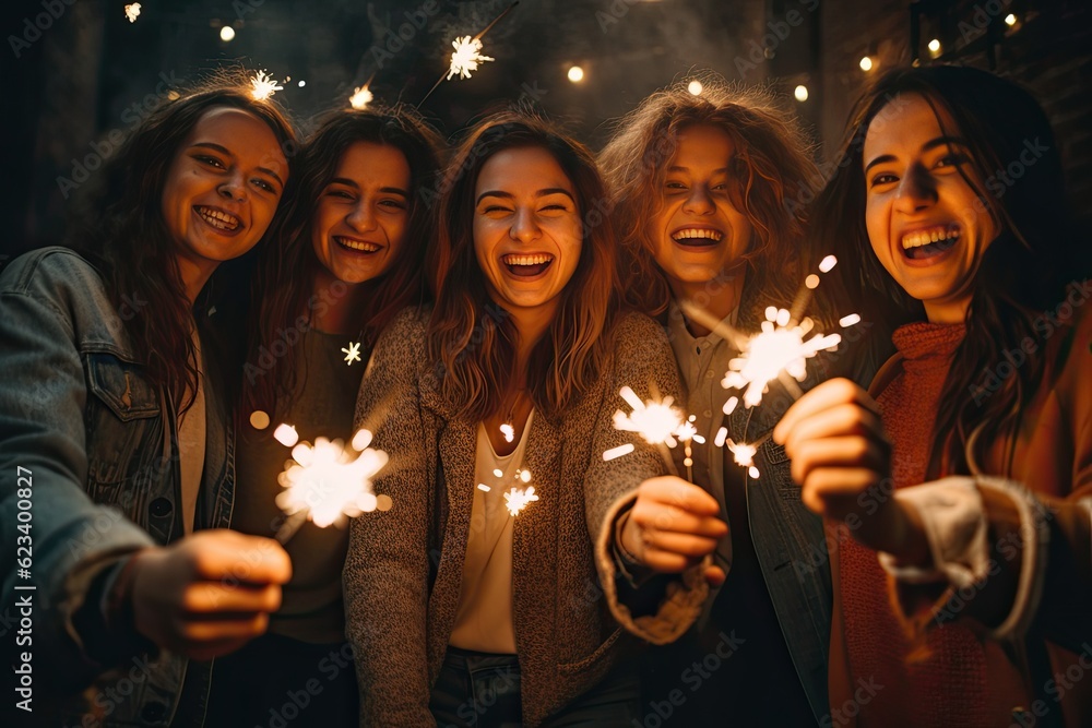 Happy New Year of Group of friends having fun with sparklers. Generate Ai Happy New Year of Group of friends having fun with sparklers. Generate Ai