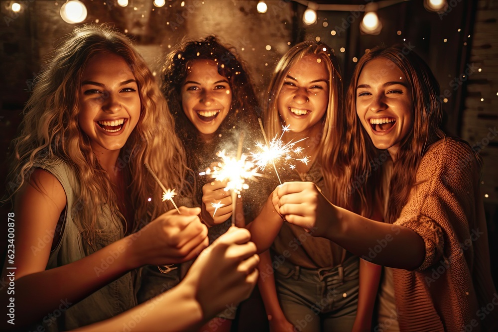 Happy New Year of Group of friends having fun with sparklers. Generate Ai