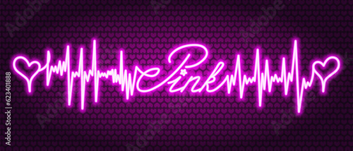 Pink. Neon. The text is embellished with pulses and hearts. Color vector illustration. Broken zigzag line and romantic lettering in italics. Isolated background of pink hearts. Idea for web design