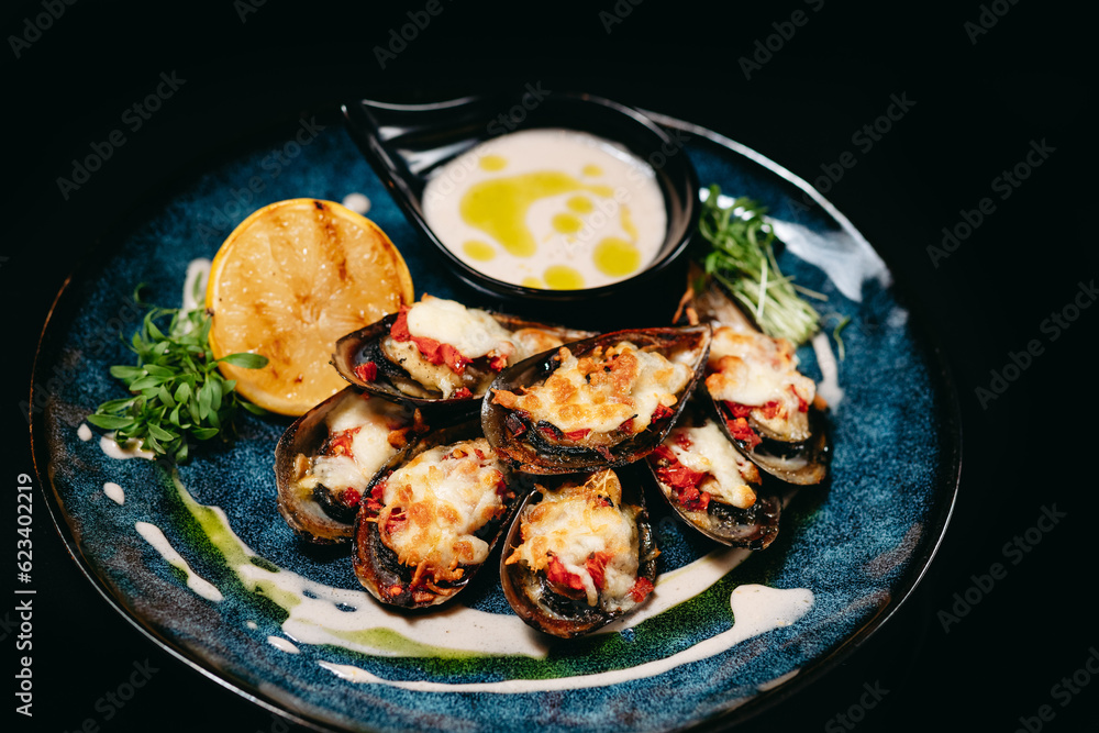 Fish dish baked New Zealand mussels