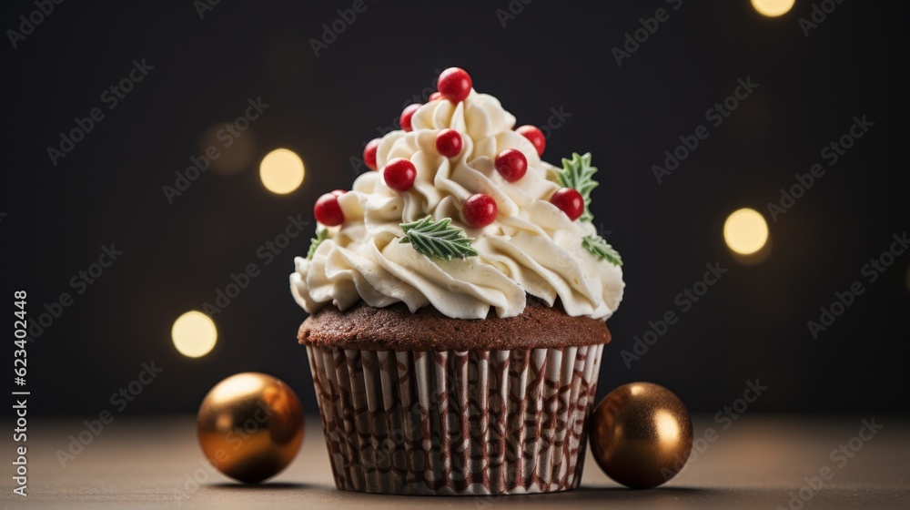 Weihnachtlicher Schokoladen Cupcake mit Creme Frosting, dekoriert mit