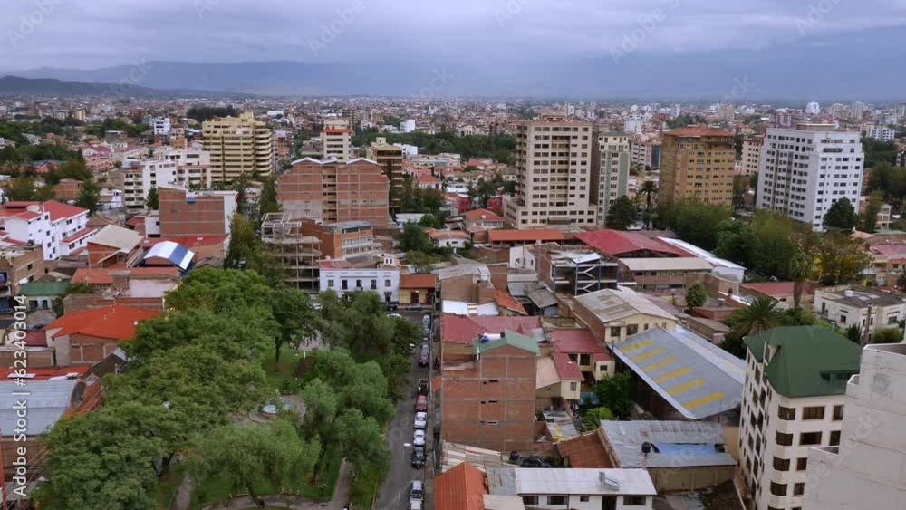 Cochabamba Bolivia on bright, clear day. High wide pan across city.