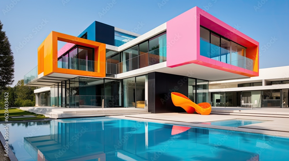 Fototapeta premium A striking modern architecture with a splash of vibrant colors, generative ai