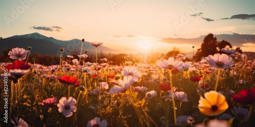 AI Generated. AI Generative. Nature outdoor landscape field of flowers at sunset sunrise. Blossom bloom botanical plant adventure vacation wild life. Graphic Art © AkimD
