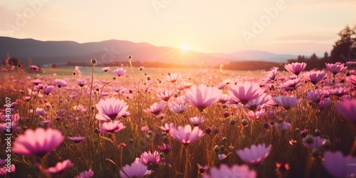 AI Generated. AI Generative. Nature outdoor landscape field of flowers at sunset sunrise. Blossom bloom botanical plant adventure vacation wild life. Graphic Art