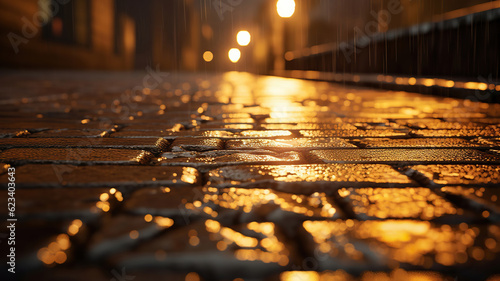 a wet brick road with lights and lights in the background