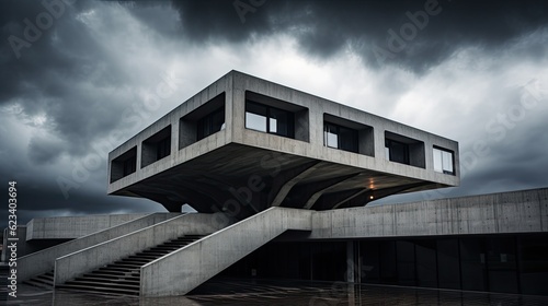 Abstract architecture in the brutalist style against a stormy sky, generative ai