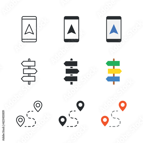 Travel and vacation icon set. GPS on a smartphone, roadsigns, location pins with path.