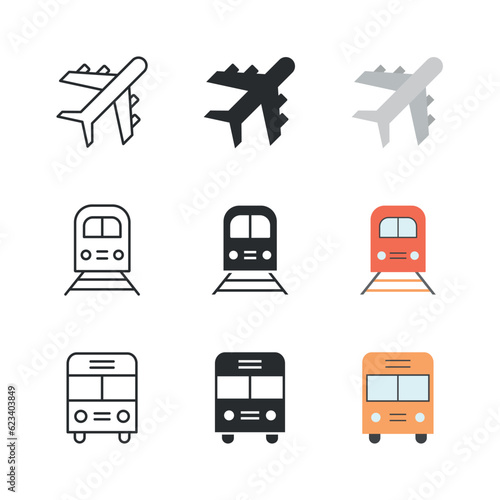 Travel and vacation icon set. Trip and journey by airplane, tourist bus and intercity train.